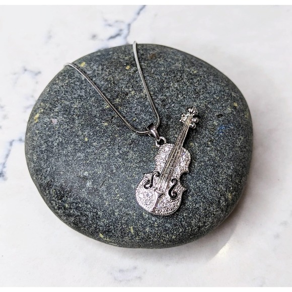 Violin Strings Necklace White Gold Plated Pendant with Crystals - Picture 5 of 10